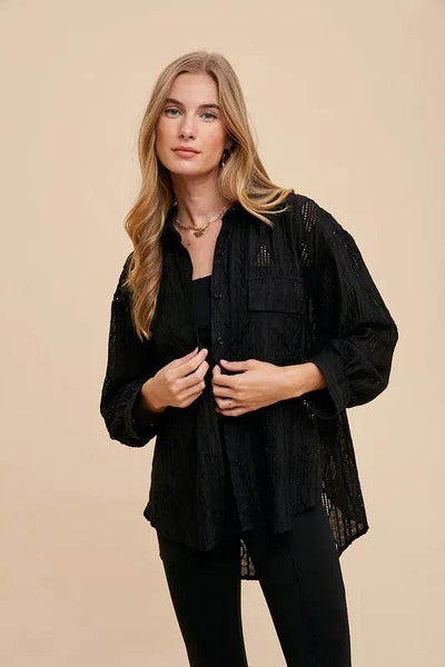Annie Wear Openwork Button Down Drop Shoulder Shirt - Ebony's Shopping
