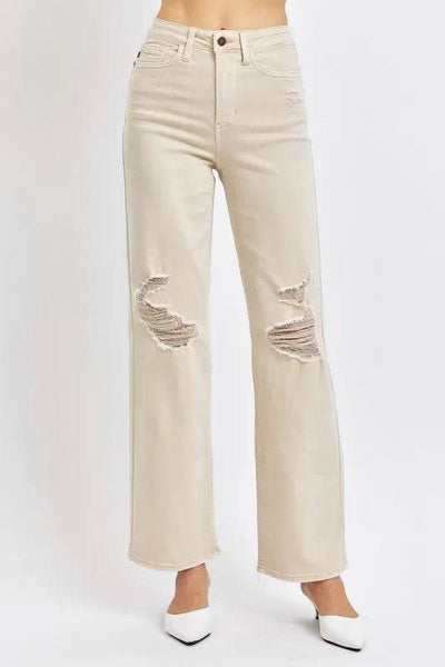 Judy Blue Full Size High Waist Distressed Wide Leg Jeans - Ebony's Shopping