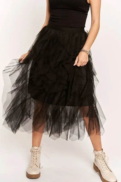 ADORA Ruffled Elastic Waist Midi Skirt - Ebony's Shopping
