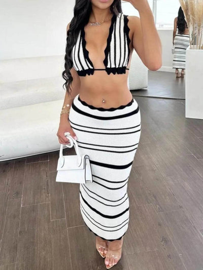 Striped Cami and Midi Skirt Sweater Set - Ebony's Shopping