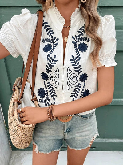 Embroidered Puff Sleeve Blouse - Ebony's Shopping