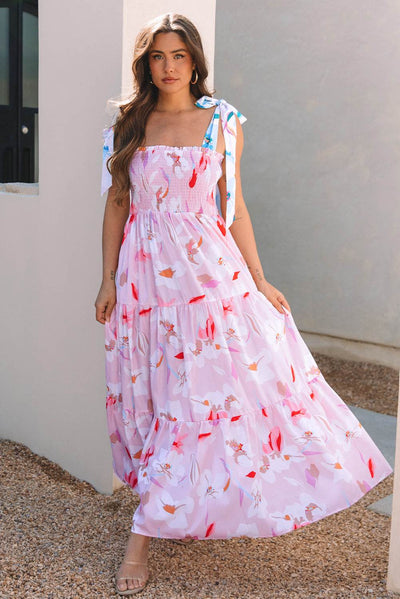 Pink Floral Print Knotted Shoulder Smocked Maxi Dress - Ebony's Shopping