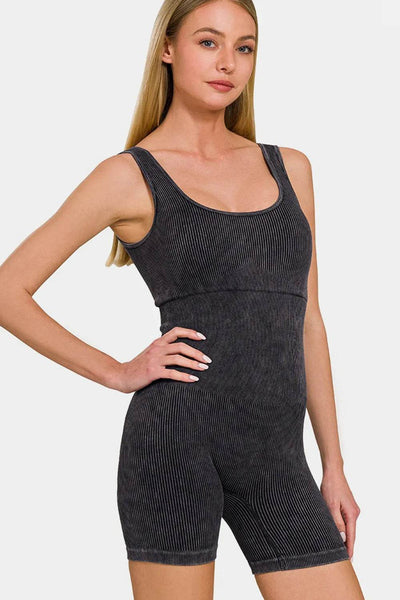 Zenana Washed Ribbed Romper with Pad - Ebony's Shopping