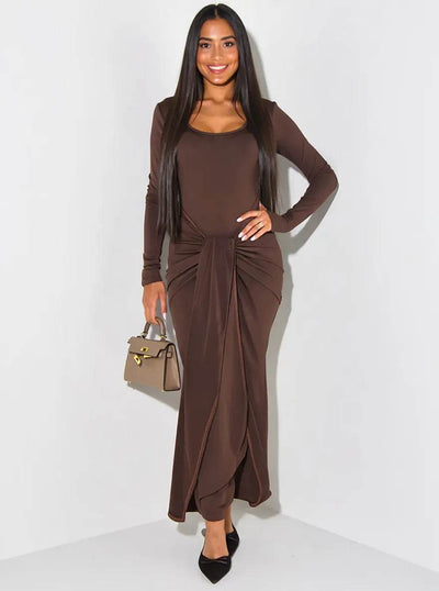 Long Sleeve Tie-Front Bodycon Maxi Dress - Ebony's Shopping