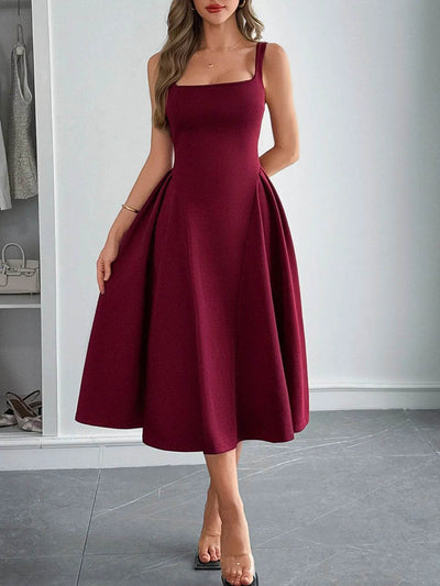 Square Neck Wide Strap Midi Dress - Ebony's Shopping
