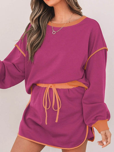 Contrast Trim Long Sleeve Top and Skort Set - Ebony's Shopping