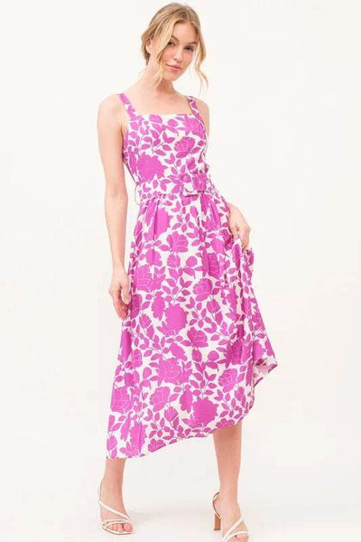 And The Why Square Neck Belted Floral Printed Midi Dress - Ebony's Shopping