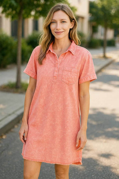 Zenana Tencel Mineral Washed Collared Shirts Dress - Ebony's Shopping