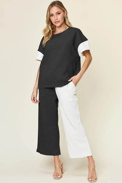 Double Take Full Size Texture Contrast T-Shirt and Wide Leg Pants Set - Ebony's Shopping