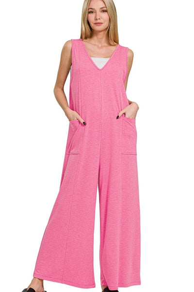 Zenana French Terry Deep V Neck Jumpsuits - Ebony's Shopping