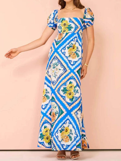 Printed Square Neck Puff Sleeve Maxi Dress - Ebony's Shopping
