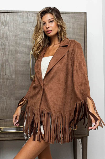 BiBi Single Blazer with Fringed Hem - Ebony's Shopping