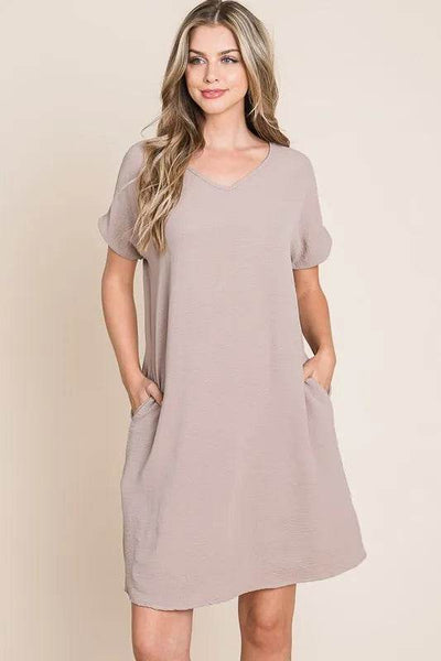 BOMBOM V-Neck Short Sleeve Dress with Pockets - Ebony's Shopping