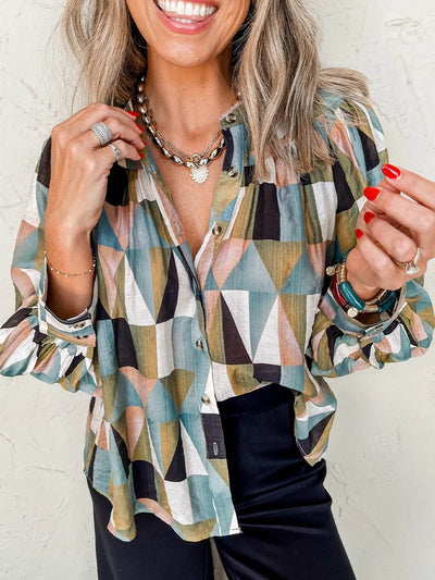 Geometric Print Buttoned Balloon Sleeve Loose Fit Shirt - Ebony's Shopping