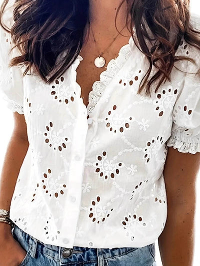 Eyelet Embroidered Short Sleeve Shirt - Ebony's Shopping