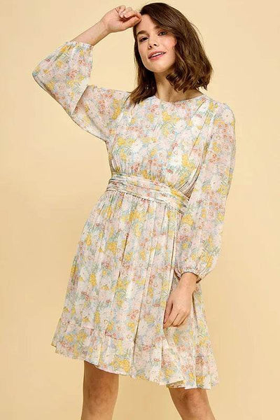 Lime 'N' Chili Chiffon Floral Print Belted Dress with Back Zipper - Ebony's Shopping