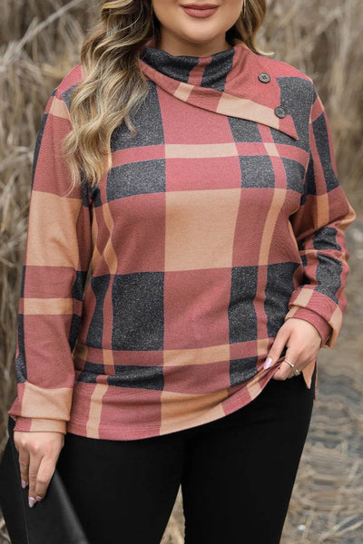 Plus Size Plaid Cowl Neck Long Sleeve Sweatshirt - Ebony's Shopping