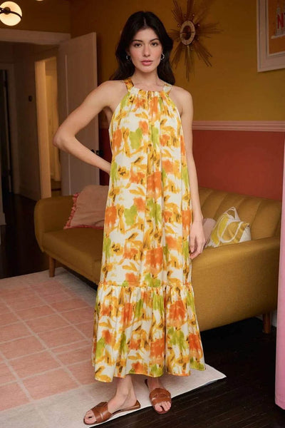 Mittoshop Watercolor Print Halter Neck Satin Maxi Dress - Ebony's Shopping
