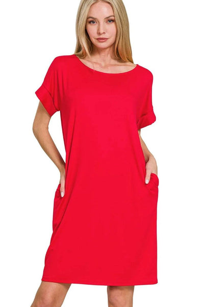 Zenana Rolled Short Sleeve Round Neck Dress - Ebony's Shopping