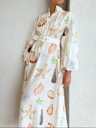Printed Balloon Sleeve Maxi Shirt Dress - Ebony's Shopping