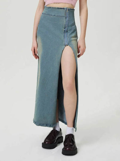 Slit Denim Skirt with Zip - Ebony's Shopping
