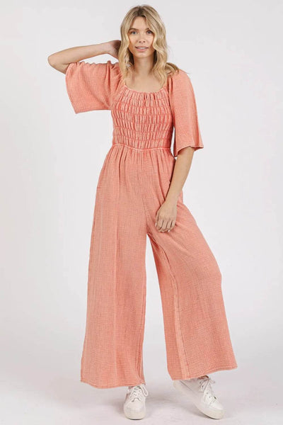 Mittoshop Mineral Wash Gauze Ruched Wide Leg Jumpsuit - Ebony's Shopping