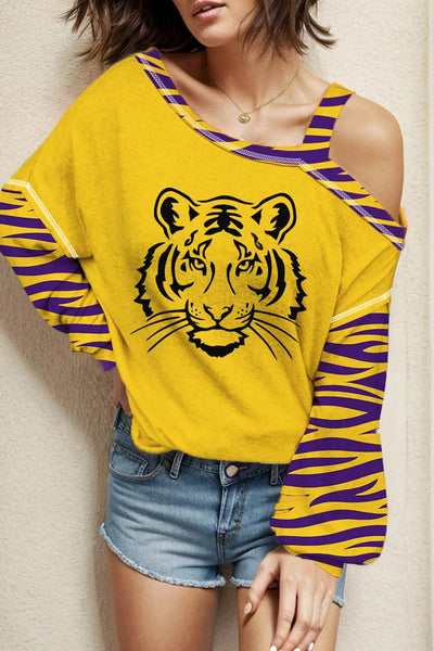Tiger Graphic Asymmetrical Neck Long Sleeve T-Shirt - Ebony's Shopping