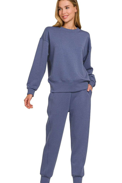 Zenana Scuba Crewneck Pullover & Joggers 2 Pieces Set - Ebony's Shopping