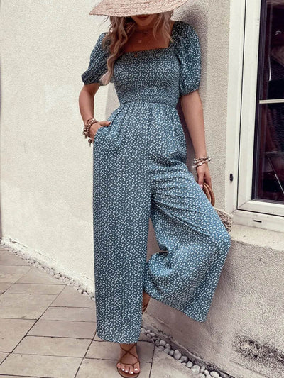 Printed Square Neck Puff Sleeve Jumpsuit - Ebony's Shopping