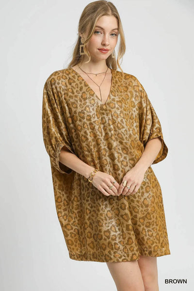 Umgee Metallic Leopard Print V-Neck Kimono Dress - Ebony's Shopping