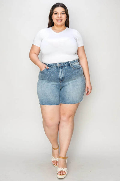 Judy Blue Full Size High Waist Rhinestone Decor Denim Shorts - Ebony's Shopping