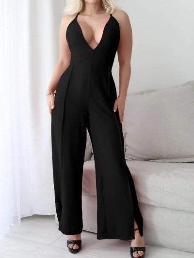 Crisscross Back V-Neck Wide Leg Jumpsuit - Ebony's Shopping