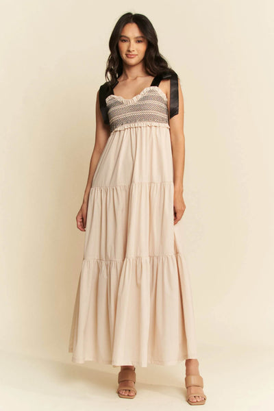 Davi & Dani Multi Contrast Smocked Bodice Straps Maxi Dress - Ebony's Shopping