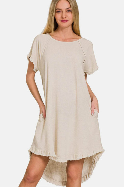 Zenana Fringe Edge High Low Flowy Dress with Pockets - Ebony's Shopping