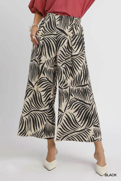 Umgee Palm Leaf Print Wide Leg Culotte Pants - Ebony's Shopping