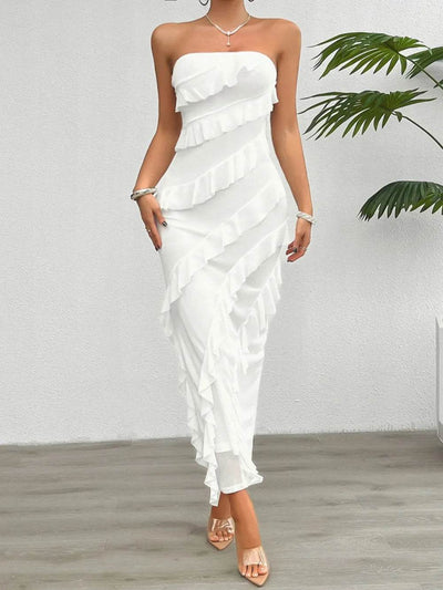 Devine Ruffled Slit Back Tube Maxi Dress - Ebony's Shopping