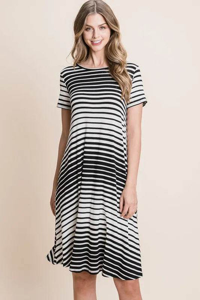 BOMBOM Casual Stripe Round Neck Tee Dress - Ebony's Shopping