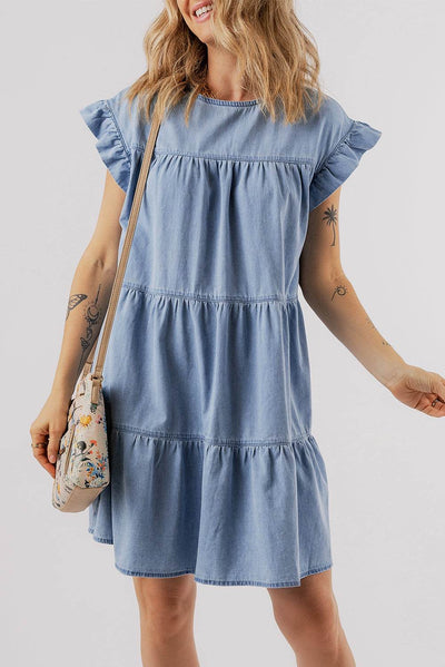 Beau Blue Ruffle Short Sleeve Tiered A-line Denim Dress - Ebony's Shopping