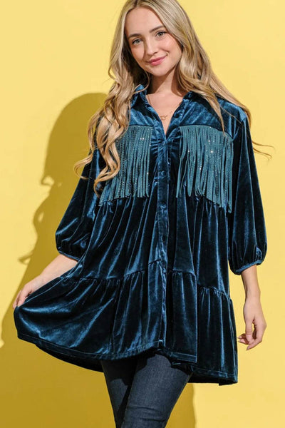 And The Why Fringe Detailed Velvet Shirt Dress - Ebony's Shopping