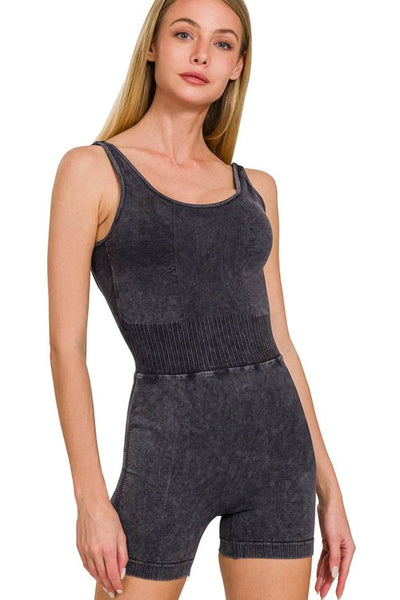 Zenana Washed Sports Romper With Removable Bra Pad - Ebony's Shopping