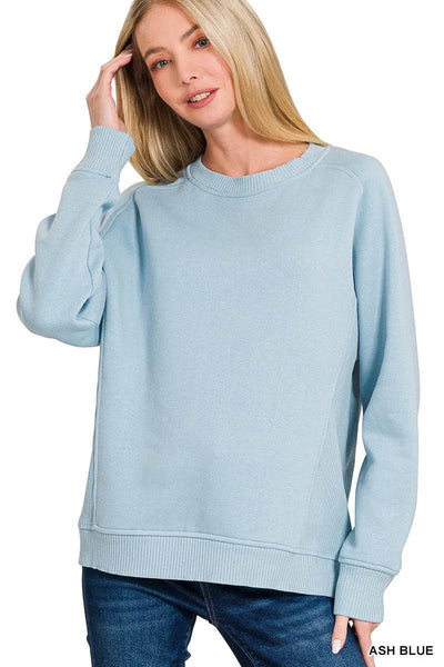 Zenana Fleece Round Neck Ribbed Side Raglan Sweatshirt - Ebony's Shopping