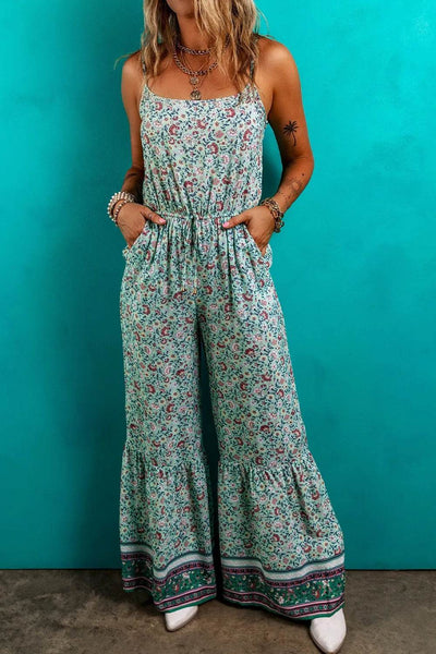 Bohemian Floral Ruffle Bottom Spaghetti Strap Jumpsuit - Ebony's Shopping
