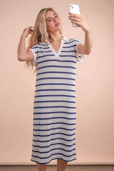 VERY J Oversized Collared Striped Knit Midi Dress - Ebony's Shopping