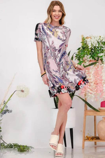 Celeste Full Size Paisley Print Short Sleeve Mini Dress with Pockets Plus Size - Ebony's Shopping