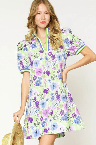 Umgee Floral Print Short Puff Sleeve Mini Dress - Ebony's Shopping