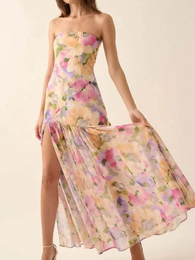 Strapless Floral Maxi Dress with Side Slit - Ebony's Shopping