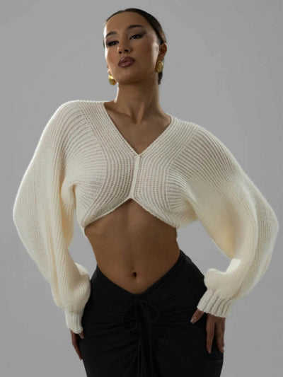 V-Neck Long Sleeve Crop Sweater - Ebony's Shopping