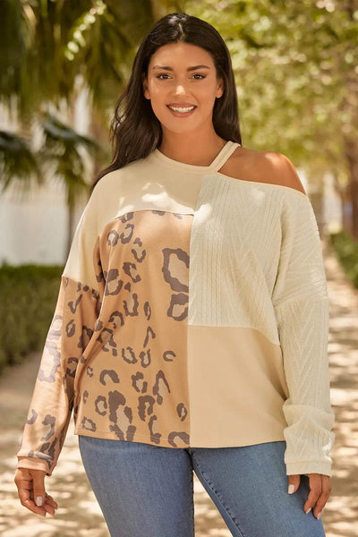 Plus Size Leopard Color Block Long Sleeve T-Shirt - Ebony's Shopping