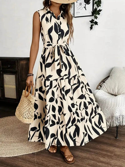 Printed Tie Waist Sleeveless Maxi Dress - Ebony's Shopping