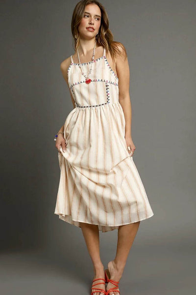 Umgee Striped Colorful Embroidered Trim Cami Dress - Ebony's Shopping